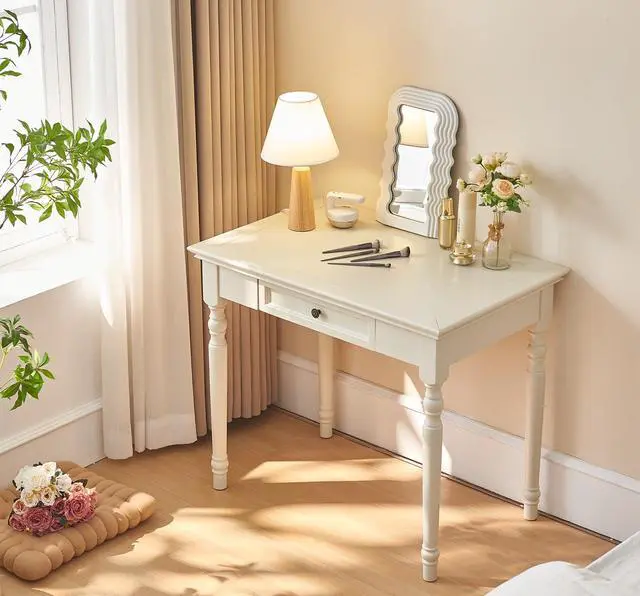 Alt view image 4 of 6 - Writing Desk with Drawers, 35 Inch French Country Desk Solid Wood Writing Desk for Home Office, Study Workspace or Bedroom (White, 35 inches)