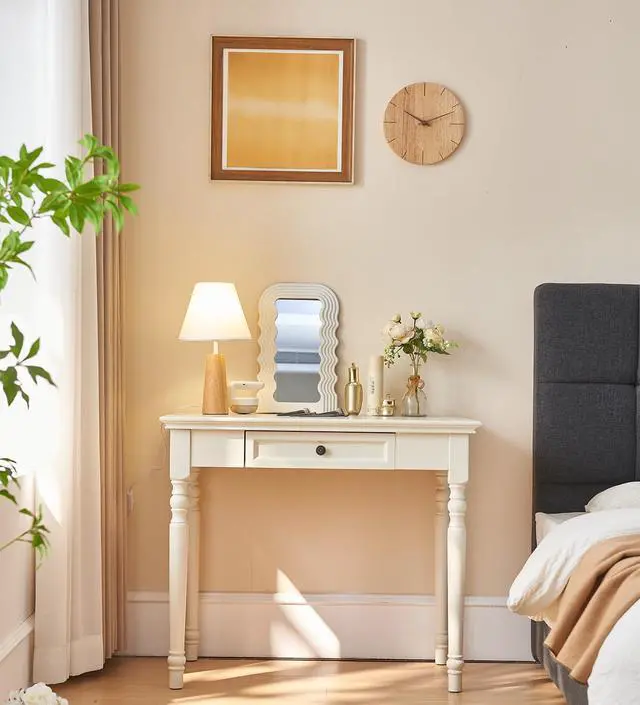 Alt view image 2 of 6 - Writing Desk with Drawers, 35 Inch French Country Desk Solid Wood Writing Desk for Home Office, Study Workspace or Bedroom (Off-White, 35 inches)