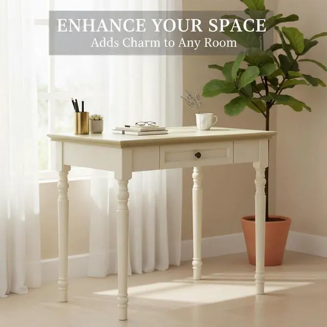 Alt view image 6 of 6 - Writing Desk with Drawers, 35 Inch French Country Desk Solid Wood Writing Desk for Home Office, Study Workspace or Bedroom (Off-White, 35 inches)