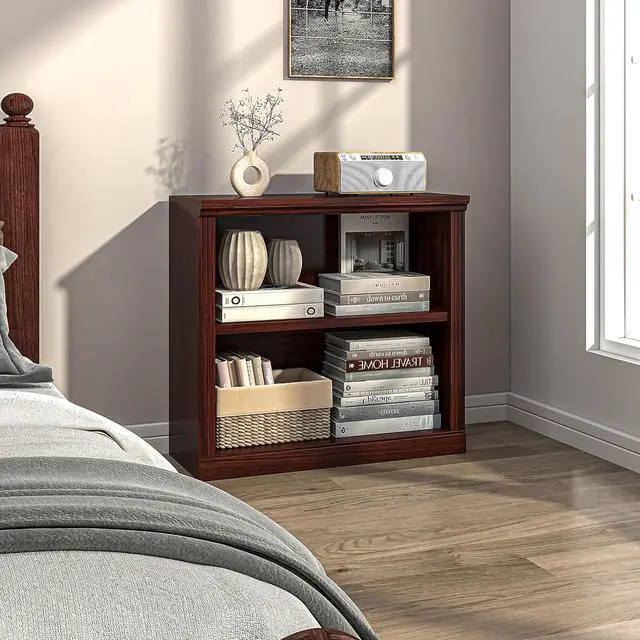 Alt view image 2 of 6 - 2-Tier Bookshelf Basic Book Case, Wooden Storage Shelves Rustic Floor Standing Bookshelves, D:12.8" x W: 29.5" x H: 28.2", Sturdy Display Cabinet for Living Room, Library, Office, Cherry