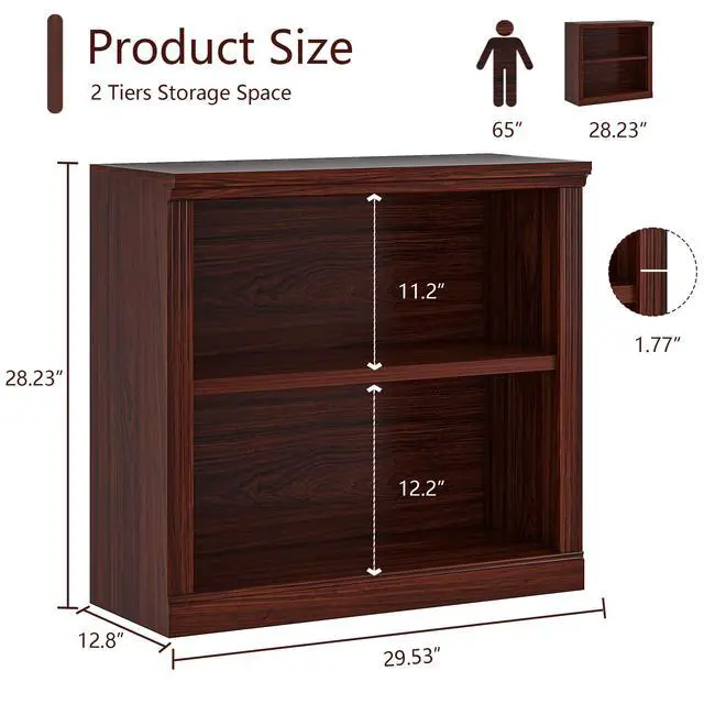 Alt view image 3 of 6 - 2-Tier Bookshelf Basic Book Case, Wooden Storage Shelves Rustic Floor Standing Bookshelves, D:12.8" x W: 29.5" x H: 28.2", Sturdy Display Cabinet for Living Room, Library, Office, Cherry
