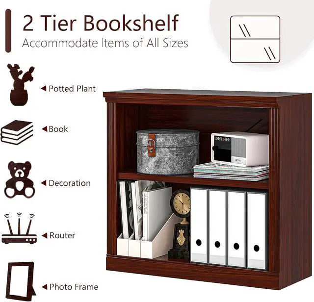 Alt view image 6 of 6 - 2-Tier Bookshelf Basic Book Case, Wooden Storage Shelves Rustic Floor Standing Bookshelves, D:12.8" x W: 29.5" x H: 28.2", Sturdy Display Cabinet for Living Room, Library, Office, Cherry