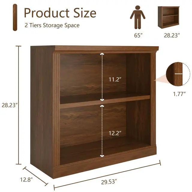 Alt view image 3 of 6 - 2-Tier Bookshelf Basic Book Case, Wooden Storage Shelves Rustic Bookshelf, Sturdy Display Cabinet for Living Room, Library, Office (Classic Oak, 2-Tier)