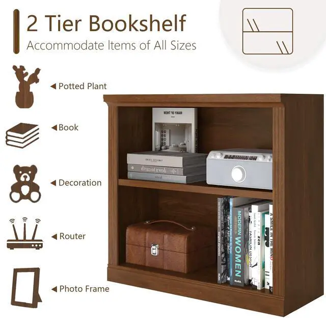 Alt view image 5 of 6 - 2-Tier Bookshelf Basic Book Case, Wooden Storage Shelves Rustic Bookshelf, Sturdy Display Cabinet for Living Room, Library, Office (Classic Oak, 2-Tier)