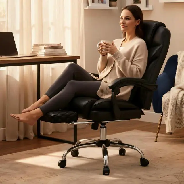 Alt view image 2 of 6 - Big and Tall Office Chair 400lbs - Executive Ergonomic Desk Chair with Footrest, High Back Reclining Leather Chair with Lumbar Support for Home Office, Black
