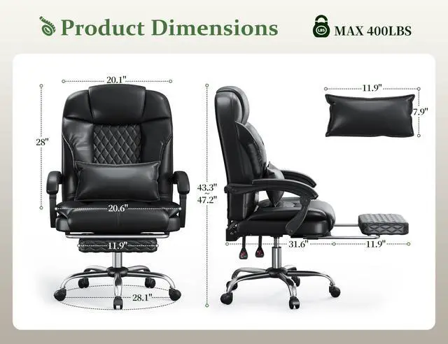 Alt view image 3 of 6 - Big and Tall Office Chair 400lbs - Executive Ergonomic Desk Chair with Footrest, High Back Reclining Leather Chair with Lumbar Support for Home Office, Black