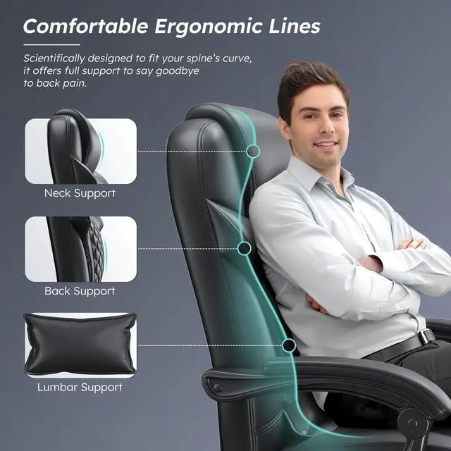 Alt view image 4 of 6 - Big and Tall Office Chair 400lbs - Executive Ergonomic Desk Chair with Footrest, High Back Reclining Leather Chair with Lumbar Support for Home Office, Black