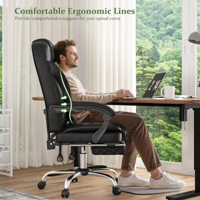 Alt view image 6 of 6 - Big and Tall Office Chair 400lbs - Executive Ergonomic Desk Chair with Footrest, High Back Reclining Leather Chair with Lumbar Support for Home Office, Black