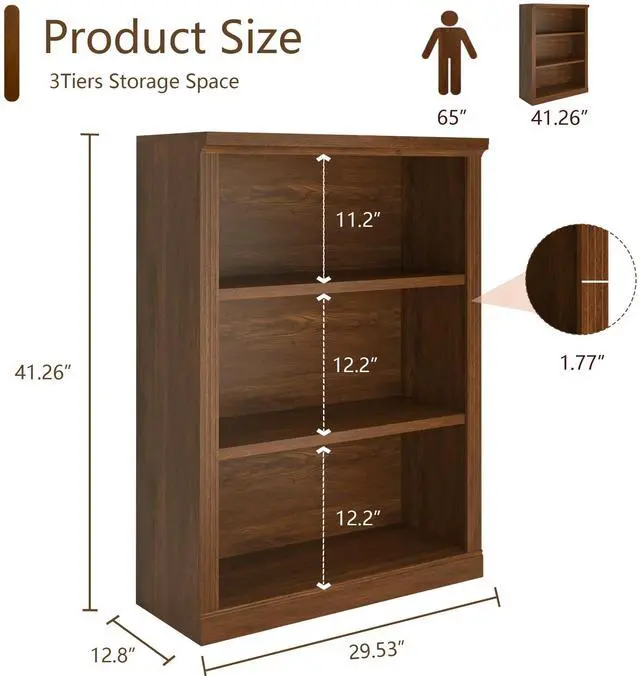 Alt view image 3 of 6 - 3-Tier Bookshelf Basic Book Case, Wooden Storage Shelves Rustic Bookshelf, D:12.8" x W: 29.53" x H:41.26", Sturdy Display Cabinet for Living Room, Library, Office, 3-Tier, Classic Oak