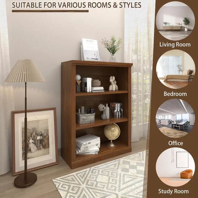 Alt view image 4 of 6 - 3-Tier Bookshelf Basic Book Case, Wooden Storage Shelves Rustic Bookshelf, D:12.8" x W: 29.53" x H:41.26", Sturdy Display Cabinet for Living Room, Library, Office, 3-Tier, Classic Oak