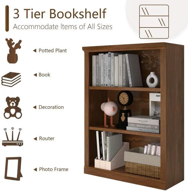 Alt view image 6 of 6 - 3-Tier Bookshelf Basic Book Case, Wooden Storage Shelves Rustic Bookshelf, D:12.8" x W: 29.53" x H:41.26", Sturdy Display Cabinet for Living Room, Library, Office, 3-Tier, Classic Oak