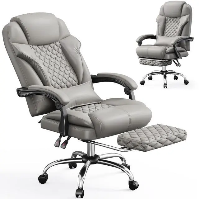 Main image of Big and Tall Office Chair 400lbs - Executive Ergonomic Desk Chair with Footrest, High Back Reclining Leather Chair with Lumbar Support for Home Office,Light Grey