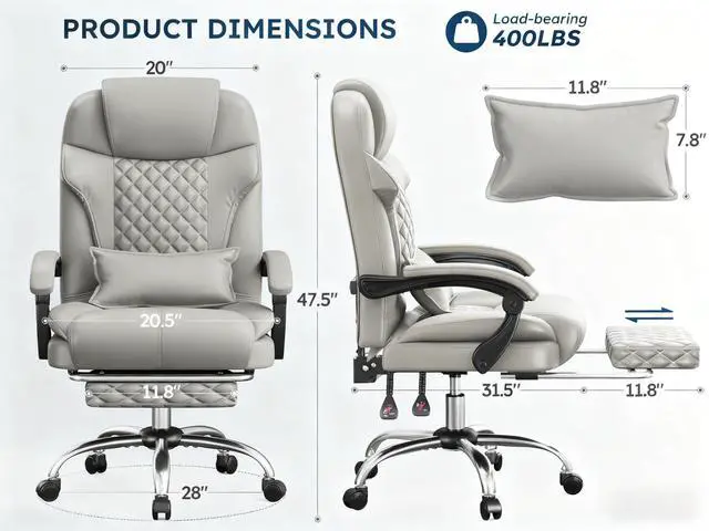 Alt view image 2 of 6 - Big and Tall Office Chair 400lbs - Executive Ergonomic Desk Chair with Footrest, High Back Reclining Leather Chair with Lumbar Support for Home Office,Light Grey
