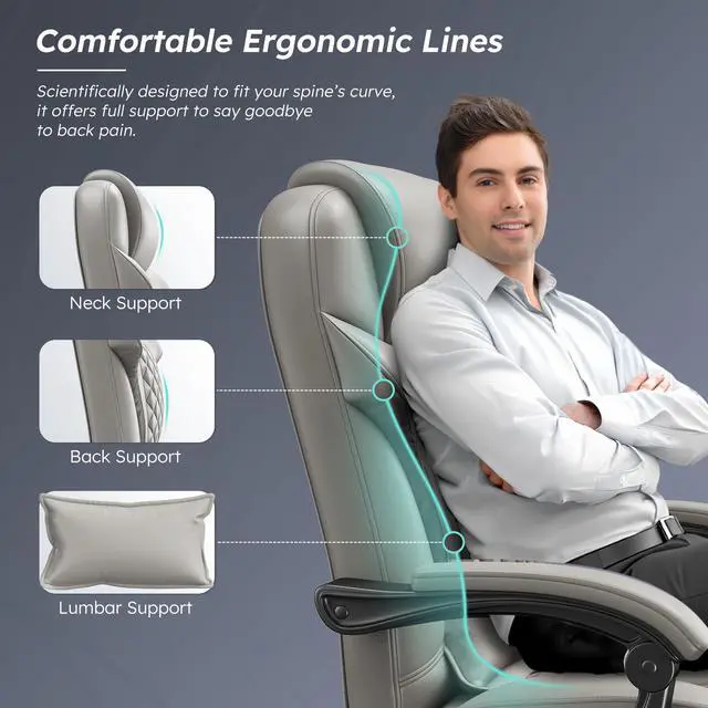 Alt view image 4 of 6 - Big and Tall Office Chair 400lbs - Executive Ergonomic Desk Chair with Footrest, High Back Reclining Leather Chair with Lumbar Support for Home Office,Light Grey