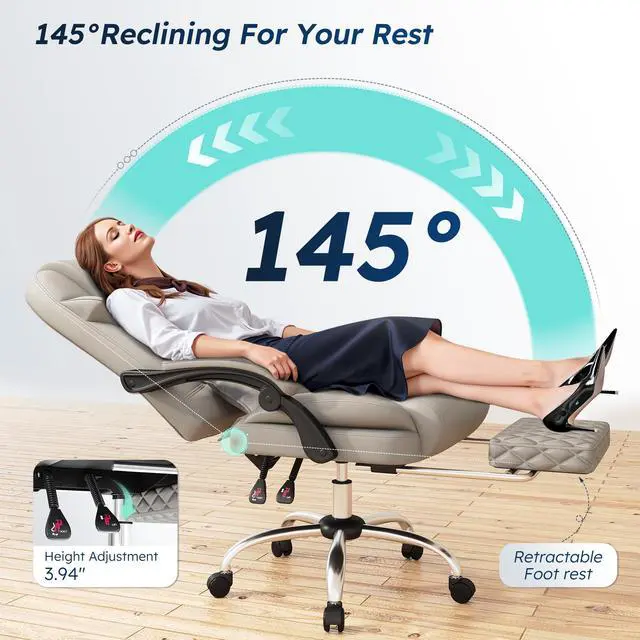 Alt view image 6 of 6 - Big and Tall Office Chair 400lbs - Executive Ergonomic Desk Chair with Footrest, High Back Reclining Leather Chair with Lumbar Support for Home Office,Light Grey