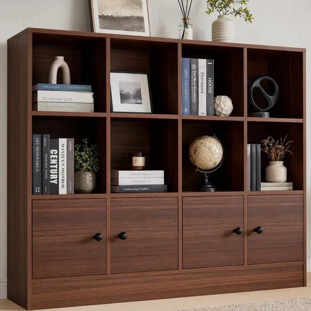 Main image of Brown Wood Bookcase, 12 Cube Display Shelf with 4 Doors, 3 Tier Open Bookshelf with Adjustable Shelves for Living Room, Home Office, Entryway