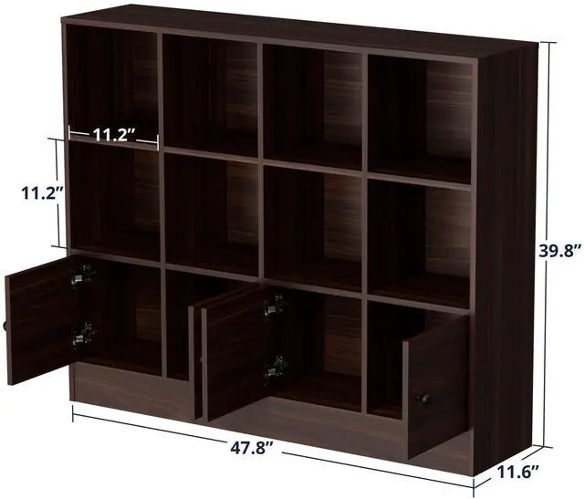 Alt view image 2 of 6 - Brown Wood Bookcase, 12 Cube Display Shelf with 4 Doors, 3 Tier Open Bookshelf with Adjustable Shelves for Living Room, Home Office, Entryway