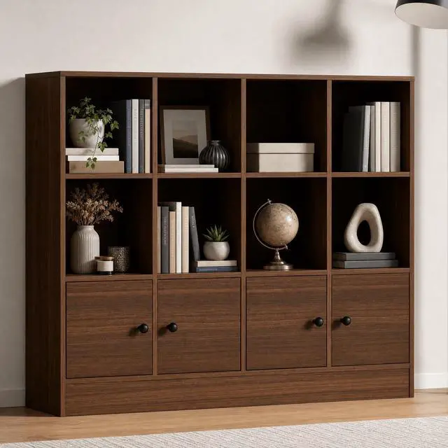 Alt view image 4 of 6 - Brown Wood Bookcase, 12 Cube Display Shelf with 4 Doors, 3 Tier Open Bookshelf with Adjustable Shelves for Living Room, Home Office, Entryway