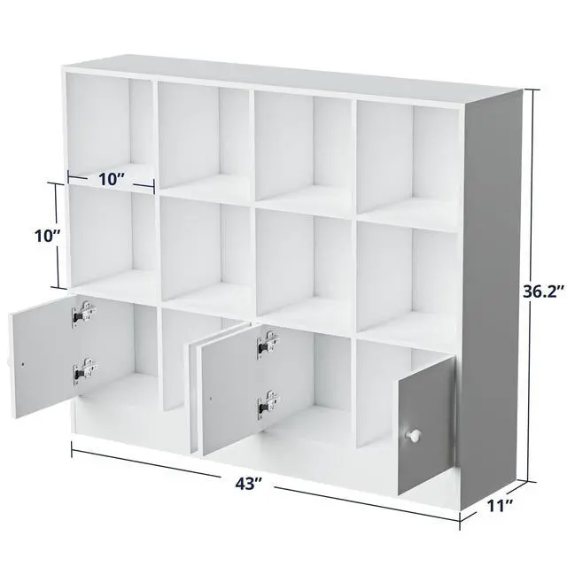 Alt view image 2 of 6 - White Wood Bookcase, 12 Cube Display Shelf with 4 Doors, 3 Tier Open Bookshelf with Adjustable Shelves for Living Room, Home Office, Entryway