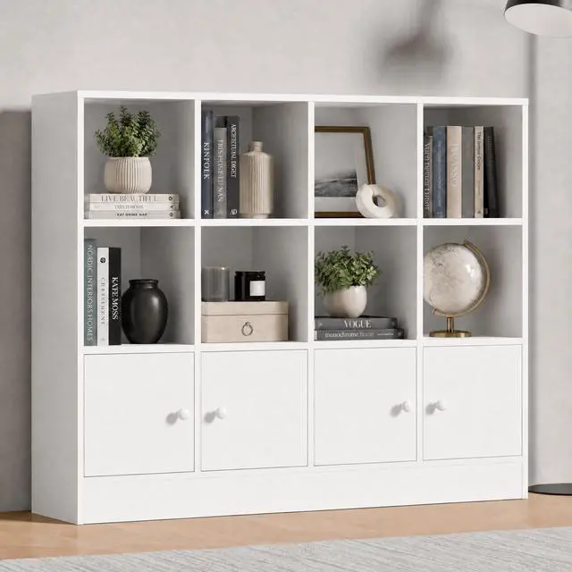 Alt view image 3 of 6 - White Wood Bookcase, 12 Cube Display Shelf with 4 Doors, 3 Tier Open Bookshelf with Adjustable Shelves for Living Room, Home Office, Entryway