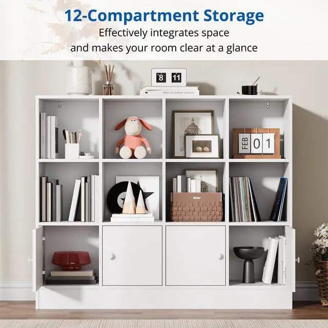 Alt view image 6 of 6 - White Wood Bookcase, 12 Cube Display Shelf with 4 Doors, 3 Tier Open Bookshelf with Adjustable Shelves for Living Room, Home Office, Entryway