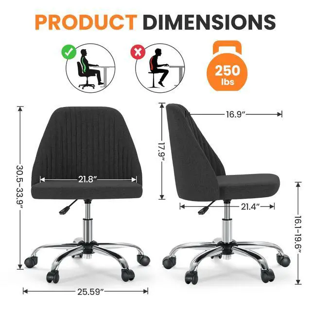 Alt view image 2 of 6 - Armless Office Desk Chair, Modern Cute Swivel Vanity Chair Comfy Home Office Chairs with Wheels Height Adjustable Rolling Computer Task for Living Room, Make-up, Bedroom, Dark Grey