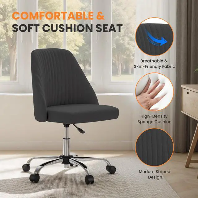 Alt view image 3 of 6 - Armless Office Desk Chair, Modern Cute Swivel Vanity Chair Comfy Home Office Chairs with Wheels Height Adjustable Rolling Computer Task for Living Room, Make-up, Bedroom, Dark Grey