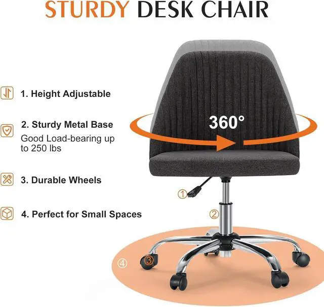 Alt view image 4 of 6 - Armless Office Desk Chair, Modern Cute Swivel Vanity Chair Comfy Home Office Chairs with Wheels Height Adjustable Rolling Computer Task for Living Room, Make-up, Bedroom, Dark Grey