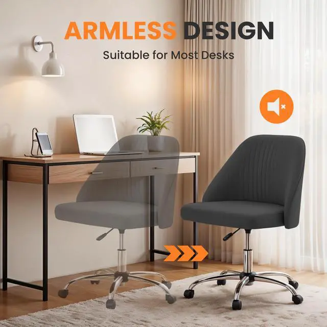 Alt view image 6 of 6 - Armless Office Desk Chair, Modern Cute Swivel Vanity Chair Comfy Home Office Chairs with Wheels Height Adjustable Rolling Computer Task for Living Room, Make-up, Bedroom, Dark Grey