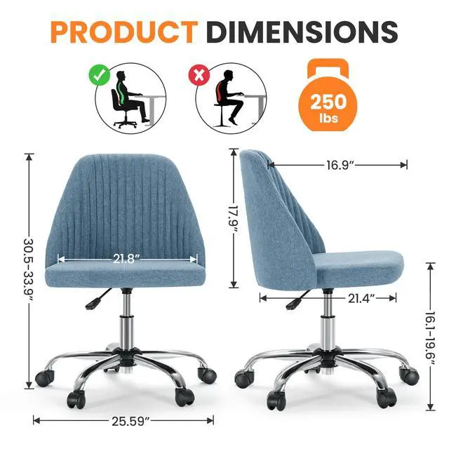 Alt view image 2 of 6 - Armless Office Desk Chair, Modern Cute Swivel Vanity Chair Comfy Home Office Chairs with Wheels Height Adjustable Rolling Computer Task Stools for Living Room, Make-up, Bedroom, Blue