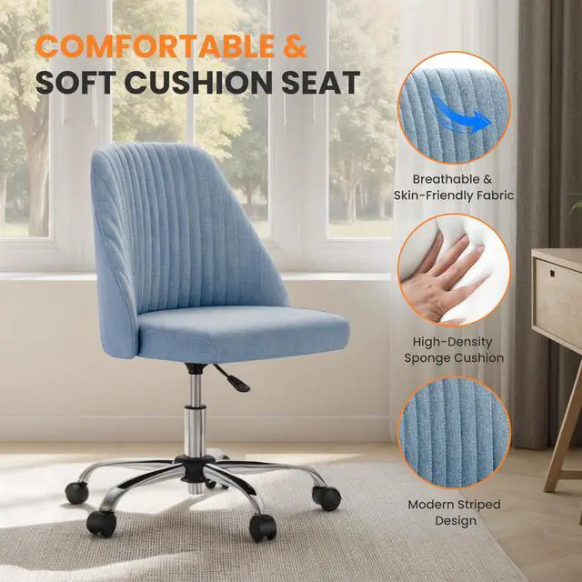 Alt view image 3 of 6 - Armless Office Desk Chair, Modern Cute Swivel Vanity Chair Comfy Home Office Chairs with Wheels Height Adjustable Rolling Computer Task Stools for Living Room, Make-up, Bedroom, Blue