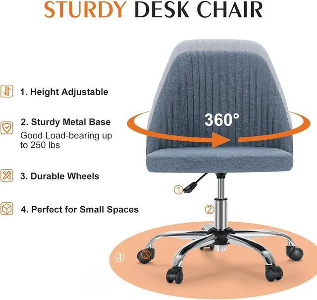 Alt view image 4 of 6 - Armless Office Desk Chair, Modern Cute Swivel Vanity Chair Comfy Home Office Chairs with Wheels Height Adjustable Rolling Computer Task Stools for Living Room, Make-up, Bedroom, Blue