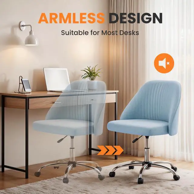 Alt view image 6 of 6 - Armless Office Desk Chair, Modern Cute Swivel Vanity Chair Comfy Home Office Chairs with Wheels Height Adjustable Rolling Computer Task Stools for Living Room, Make-up, Bedroom, Blue