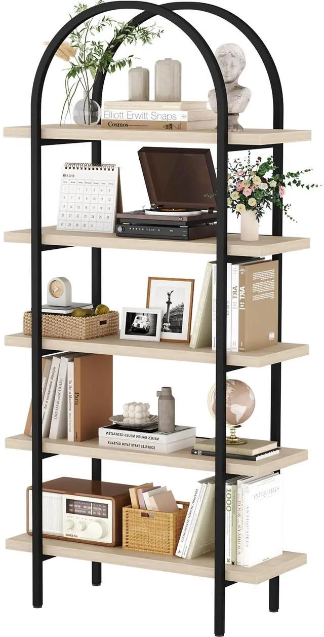 Main image of Bookshelf 5 Tier Arched Bookcase, 74" Tall Industrial Open Book Shelves for Living Room, Modern Freestanding Display Shelving Storage Rack with Metal Frame, Office, Bedroom, Natural Wood Color