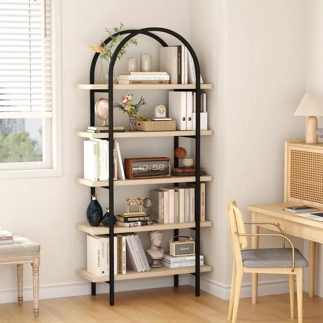 Alt view image 2 of 6 - Bookshelf 5 Tier Arched Bookcase, 74" Tall Industrial Open Book Shelves for Living Room, Modern Freestanding Display Shelving Storage Rack with Metal Frame, Office, Bedroom, Natural Wood Color
