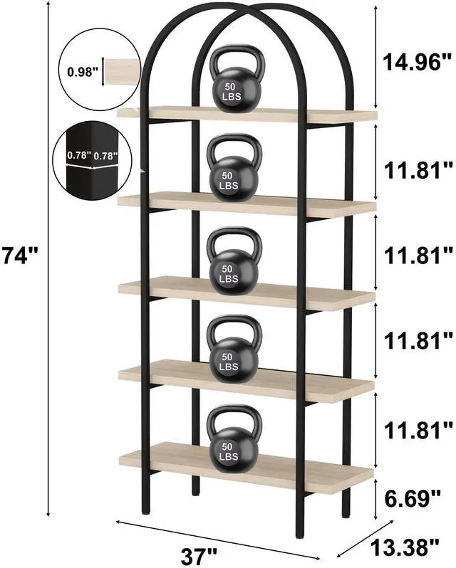 Alt view image 3 of 6 - Bookshelf 5 Tier Arched Bookcase, 74" Tall Industrial Open Book Shelves for Living Room, Modern Freestanding Display Shelving Storage Rack with Metal Frame, Office, Bedroom, Natural Wood Color
