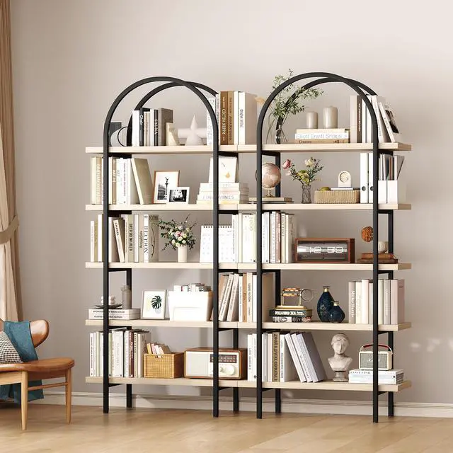 Alt view image 4 of 6 - Bookshelf 5 Tier Arched Bookcase, 74" Tall Industrial Open Book Shelves for Living Room, Modern Freestanding Display Shelving Storage Rack with Metal Frame, Office, Bedroom, Natural Wood Color