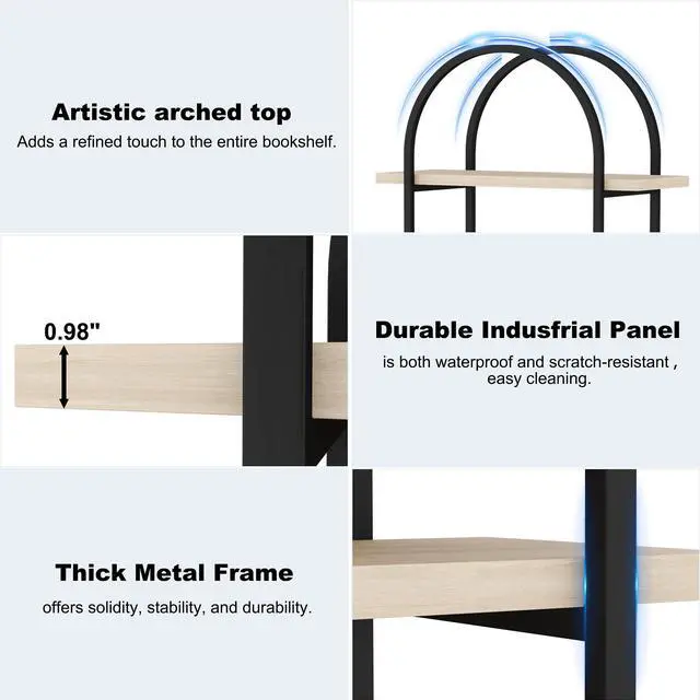 Alt view image 5 of 6 - Bookshelf 5 Tier Arched Bookcase, 74" Tall Industrial Open Book Shelves for Living Room, Modern Freestanding Display Shelving Storage Rack with Metal Frame, Office, Bedroom, Natural Wood Color