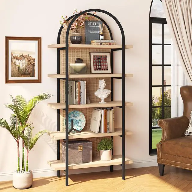 Main image of Bookshelf Rattan 5 Tier Arched Bookcase, 74" Tall Industrial Open Book Shelves for Living Room, Modern Freestanding Display Shelving Boho Storage Rack with Metal Frame for Office, Brown