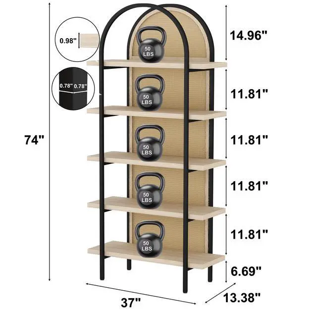Alt view image 2 of 6 - Bookshelf Rattan 5 Tier Arched Bookcase, 74" Tall Industrial Open Book Shelves for Living Room, Modern Freestanding Display Shelving Boho Storage Rack with Metal Frame for Office, Brown