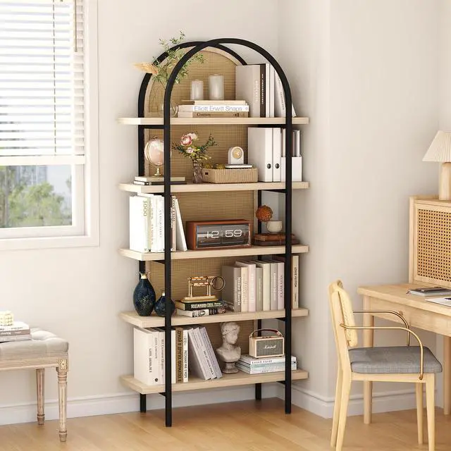 Alt view image 3 of 6 - Bookshelf Rattan 5 Tier Arched Bookcase, 74" Tall Industrial Open Book Shelves for Living Room, Modern Freestanding Display Shelving Boho Storage Rack with Metal Frame for Office, Brown