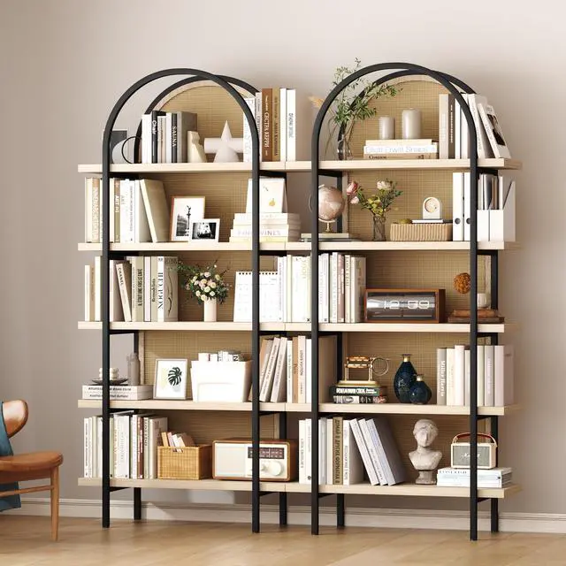 Alt view image 4 of 6 - Bookshelf Rattan 5 Tier Arched Bookcase, 74" Tall Industrial Open Book Shelves for Living Room, Modern Freestanding Display Shelving Boho Storage Rack with Metal Frame for Office, Brown