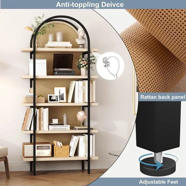 Alt view image 5 of 6 - Bookshelf Rattan 5 Tier Arched Bookcase, 74" Tall Industrial Open Book Shelves for Living Room, Modern Freestanding Display Shelving Boho Storage Rack with Metal Frame for Office, Brown