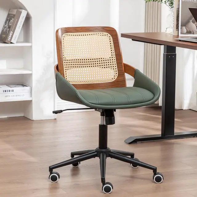 Main image of Home Office Desk Chair with Ergonomic Rattan Backrest, Walnut Crafts, Curved Arms, Faux Leather, Caster Wheels, Height Adjustable, Computer Chair for Desk Work, Executive Task, Conference Room - Green