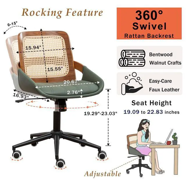 Alt view image 2 of 6 - Home Office Desk Chair with Ergonomic Rattan Backrest, Walnut Crafts, Curved Arms, Faux Leather, Caster Wheels, Height Adjustable, Computer Chair for Desk Work, Executive Task, Conference Room - Green