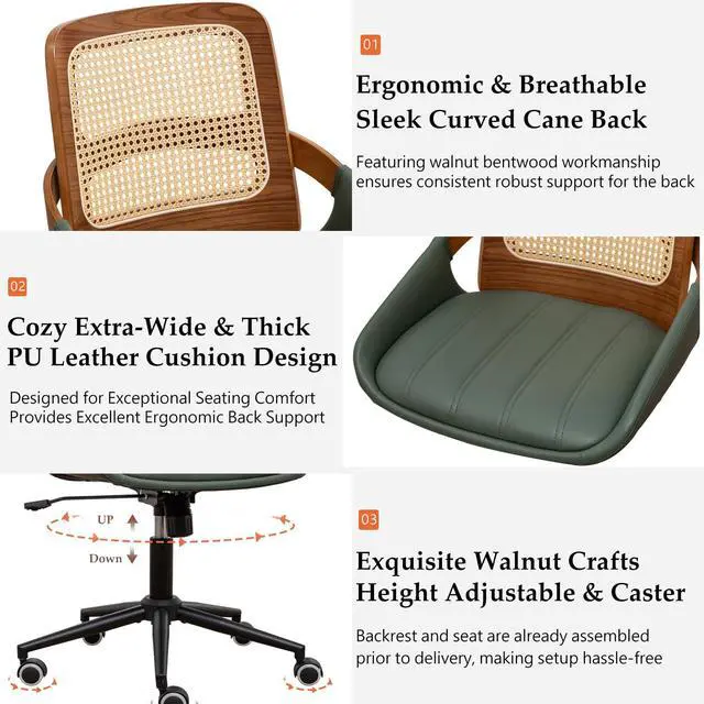 Alt view image 3 of 6 - Home Office Desk Chair with Ergonomic Rattan Backrest, Walnut Crafts, Curved Arms, Faux Leather, Caster Wheels, Height Adjustable, Computer Chair for Desk Work, Executive Task, Conference Room - Green