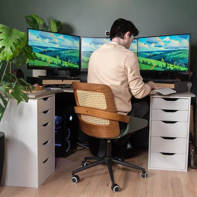 Alt view image 4 of 6 - Home Office Desk Chair with Ergonomic Rattan Backrest, Walnut Crafts, Curved Arms, Faux Leather, Caster Wheels, Height Adjustable, Computer Chair for Desk Work, Executive Task, Conference Room - Green