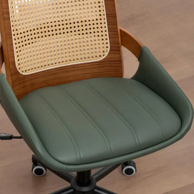 Alt view image 6 of 6 - Home Office Desk Chair with Ergonomic Rattan Backrest, Walnut Crafts, Curved Arms, Faux Leather, Caster Wheels, Height Adjustable, Computer Chair for Desk Work, Executive Task, Conference Room - Green