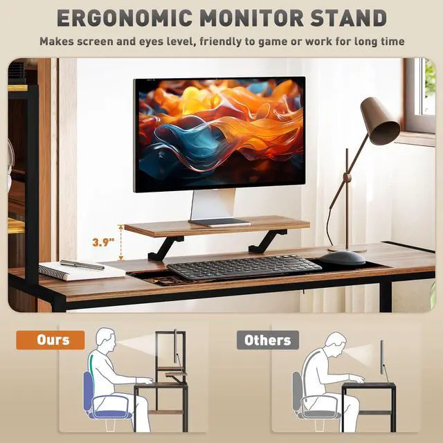 Alt view image 5 of 6 - 67" Gaming Desk, Reversible Computer Desk with Monitor Stand and 4-Tier Storage Shelves, for Home Office, Brown