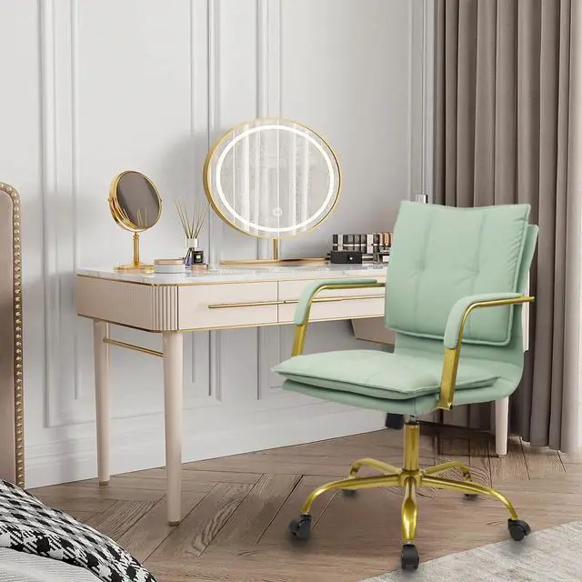 Alt view image 2 of 6 - Leather Home Office Desk Chairs, Swivel Mid-Back Computer Chair with Golden Legs and Arms, Comfy Upholstered Task Chair with Wheels, Green